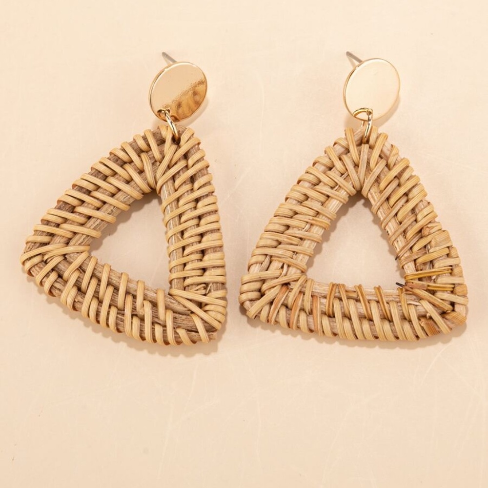 Triangle Straw Rattan Gold Tone Earrings Boho - Picture 2 of 4